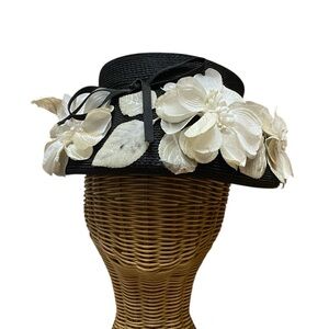 Vintage Straw Style 1950s Era Black Hat With Faux Flowers Old Hollywood Church